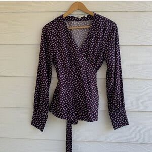 Boden Navy Rainbow Print Wrap Blouse Size US 16 EUC